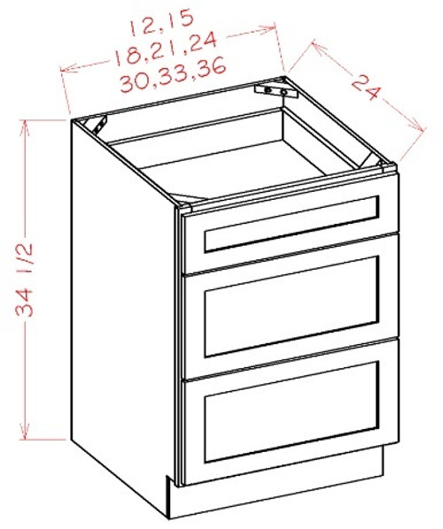 U.S. Cabinet Depot - Oxford Toffee - 3 Drawer Base Cabinet - OT-3DB30