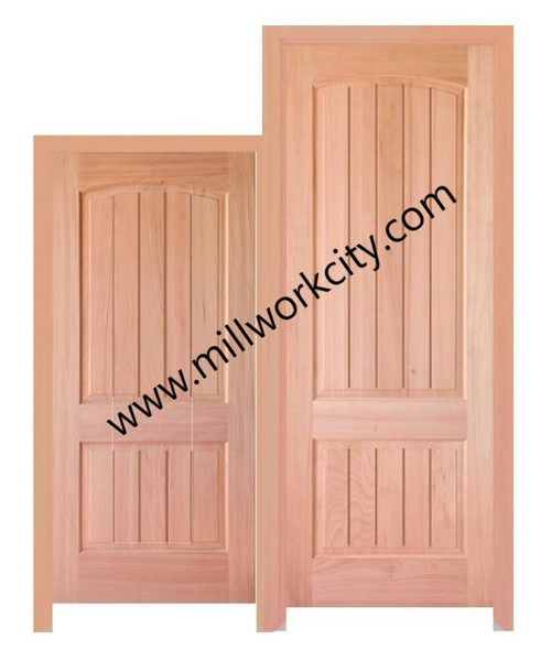 Prestige Entries - Slab Only - Two Panel V-Groove Top Rail Arch Double Unit  1 3/4" x 6'0" W x 8'0" H Mahogany Slab Only