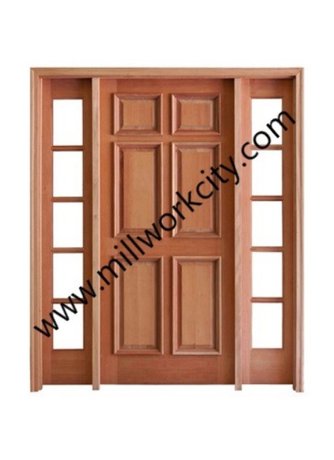 Prestige Entries - Slab Only - 6 Panel with Raised Moulding One Side with 14" 5 Lite Sidelites Beveled Insulated Glass 1 3/4" x 5'4W x 6'8" H Mahogany Slab Only