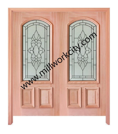 Prestige Entries - Slab Only - 2/3 Lite Arch Top Rail with Decorative Glass 1 Lite 2 Panel Double Square Decorative Insulated Glass 1 3/4" x 6'0" W x 6'8" H Mahogany Slab Only