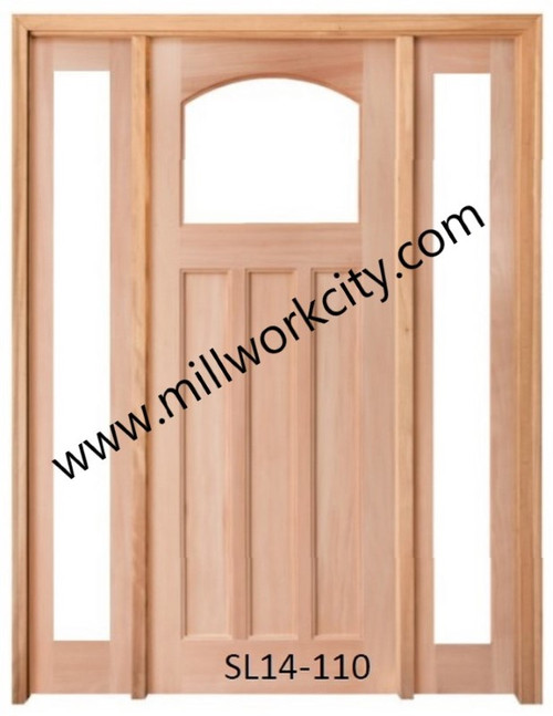 Prestige Entries - Slab Only - Craftsman Top Rail Arch 1 Lite 3 Panel Double Sidelite Unit Beveled or Flemish Insulated Glass 1 3/4" x 5'4" W x 8'0" H Single/Double Sidelites Mahogany Slab Only