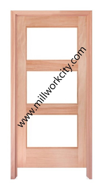 Prestige Entries - Modern 3 Lite Single Square<br>Cotswold Insulated Glass<br>1 3/4" x 3'0" W x 6'8" H<br>Mahogany<br>Factory Pre-Hung with 4 9/16" Jambs