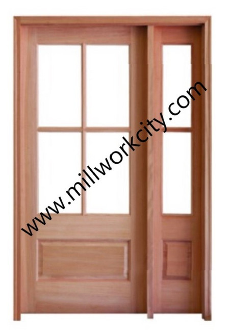 Prestige Entries - 4 Lite 1 Panel with 14 2 Lite 1 Panel Sidelite<br>Beveled Insulated Glass Door<br>Clear Flat Insulated Glass Transom<br>1 3/4" x 4'2" W x 6'8" H Single door with Single Sidelite Sidelite Mahogany<br>Factory Pre-Hung with 6 9/16" Jambs