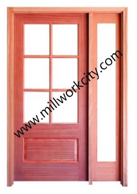 Prestige Entries - 6 Lite 1 Panel with 14 Full Lite Sidelite<br>Beveled Insulated Glass Door<br>Clear Flat Insulated Glass Transom<br>1 3/4" x 4'2" W x 8'0" H Single door with Single Sidelite Sidelite Mahogany<br>Factory Pre-Hung with 4 9/16" Jambs
