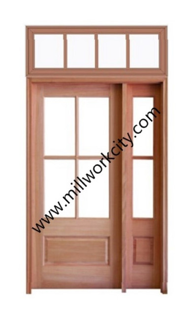 Prestige Entries - 4 Lite 1 Panel with 14 2 Lite 1 Panel Sidelite and 18" 4 Lite Transom<br>Beveled Insulated Glass Door<br>Clear Flat Insulated Glass Transom<br>1 3/4" x 4'2" W x 8'2" H Single door with Single Sidelite Sidelite and 18" 4 Lite Transom Mahogany<br>Factory Pre-Hung with 4 9/16" Jambs