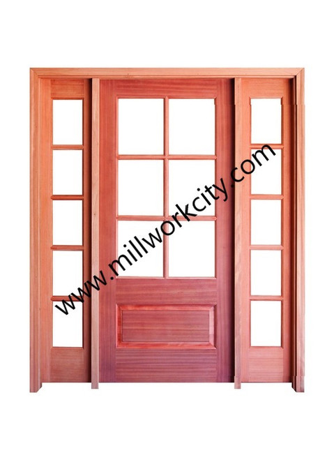 Prestige Entries - 6 Lite 1 Panel with 14 2 Lite 1 Panel Sidelites<br>Beveled Insulated Glass<br>1 3/4" x 5'4" W x 6'8" H Single/Double Sidelites Mahogany<br>Factory Pre-Hung with 6 9/16" Jambs