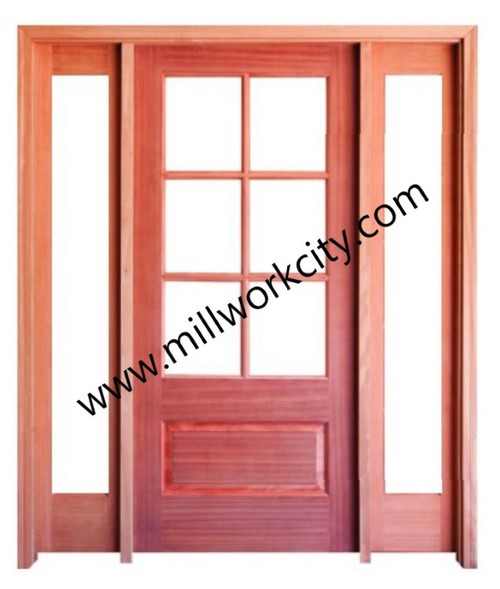 Prestige Entries - 6 Lite 1 Panel with 14 Full Lite Sidelites<br>Beveled Insulated Glass Door<br>Clear Flat Insulated Glass Transom<br>1 3/4" x 5'4" W x 8'0" H Single/Double Sidelites Mahogany<br>Factory Pre-Hung with 6 9/16" Jambs