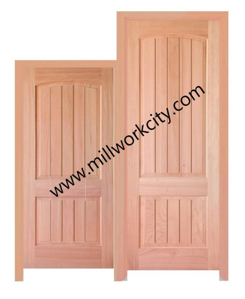 Prestige Entries - Two Panel V-Groove Top Rail Arch Double Unit<br><br>1 3/4" x 7'0" W x 8'0" H<br>Mahogany<br>Factory Pre-Hung with 6 9/16" Jambs