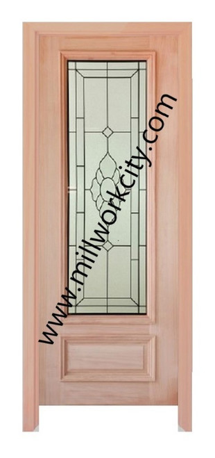 Prestige Entries - Full Lite with Decorative Glass 1 Lite 1 Panel Double Square<br>Decorative Insulated Glass<br>1 3/4" x 6'0" W x 8'0" H<br>Mahogany<br>Factory Pre-Hung with 4 9/16" Jambs