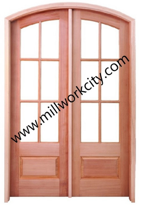 Prestige Entries - 6 Lite 1 Panel Double Arch Pair<br>Beveled or Flemish Insulated Glass<br>1 3/4" x 5'0" W x 8'0" H<br>Mahogany<br>Factory Pre-Hung with 4 9/16" Jambs
