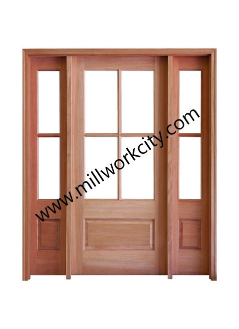 Prestige Entries - 4 Lite 1 Panel with 14 2 Lite 1 Panel Sidelites<br>Beveled Insulated Glass<br>1 3/4" x 5'4" W x 8'0" H Single/Double Sidelites Mahogany<br>Factory Pre-Hung with 4 9/16" Jambs