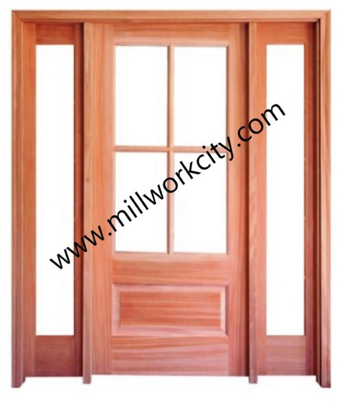 Prestige Entries - 4 Lite 1 Panel Double Sidelite Unit<br>Beveled or Flemish Insulated Glass<br>1 3/4" x 5'4" W x 6'8" H<br>Single/Double Sidelites Mahogany<br>Factory Pre-Hung with 4 9/16" Jambs