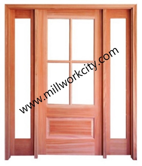 Prestige Entries - 6 Lite 1 Panel Double Sidelite Unit<br>Beveled or Flemish Insulated Glass<br>1 3/4" x 5'4" W x 6'8" H<br>Single/Double Sidelites Mahogany<br>Factory Pre-Hung with 4 9/16" Jambs