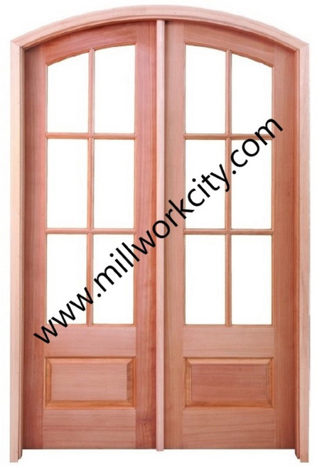 Prestige Entries - 6 Lite 1 Panel Double Arch Pair<br>Beveled or Flemish Insulated Glass<br>1 3/4" x 5'4" W x 8'0" H<br>Mahogany<br>Factory Pre-Hung with 4 9/16" Jambs
