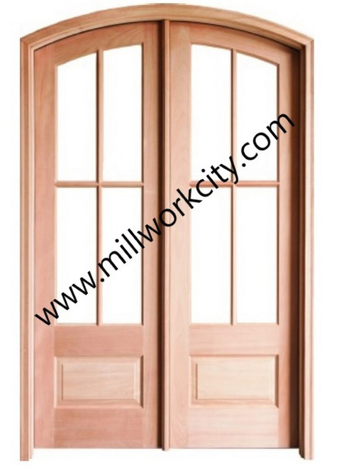 Prestige Entries - 4 Lite 1 Panel Double Arch Pair<br>Beveled or Flemish Insulated Glass<br>1 3/4" x 5'4" W x 8'0" H<br>Mahogany<br>Factory Pre-Hung with 6 9/16" Jambs