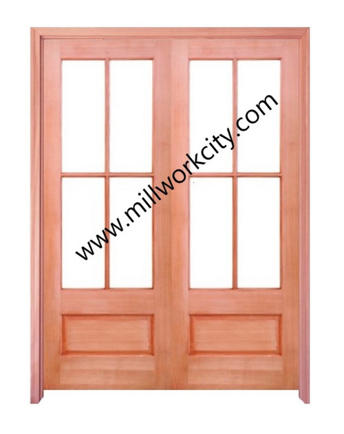 Prestige Entries - 4 Lite 1 Panel Double Arch Pair<br>Beveled or Flemish Insulated Glass<br>1 3/4" x 6'0" W x 8'0" H<br>Mahogany<br>Factory Pre-Hung with 6 9/16" Jambs