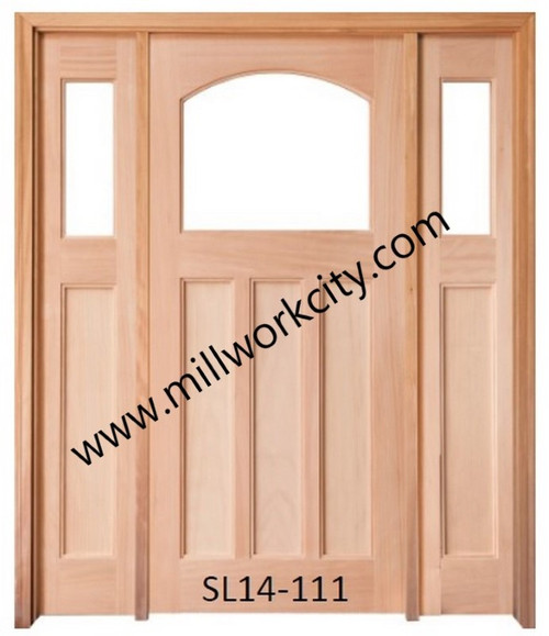 Prestige Entries - Craftsman Top Rail Arch 1 Lite 3 Panel Double Sidelite Unit<br>Beveled or Flemish Insulated Glass<br>1 3/4" x 5'4" W x 6'8" H<br>Single/Double Sidelites Mahogany<br>Factory Pre-Hung with 4 9/16" Jambs