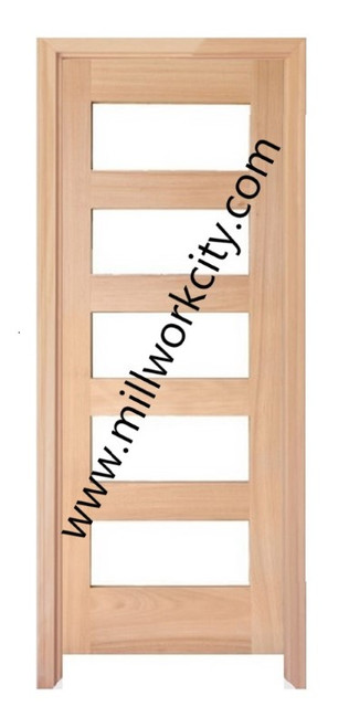 Prestige Entries - Modern 5 Lite Double Square<br>Cotswold Insulated Glass<br>1 3/4" x 6'0" W x 8'0" H<br>Mahogany<br>Factory Pre-Hung with 4 9/16" Jambs