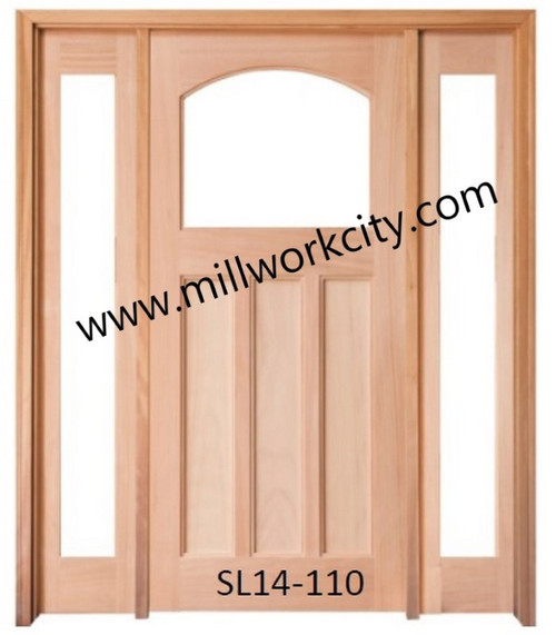Prestige Entries - Craftsman Top Rail Arch 1 Lite 3 Panel Double Sidelite Unit<br>Beveled or Flemish Insulated Glass<br>1 3/4" x 5'4" W x 6'8" H<br>Single/Double Sidelites Mahogany<br>Factory Pre-Hung with 6 9/16" Jambs