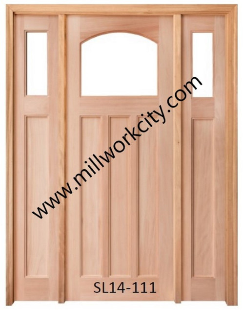 Prestige Entries - Craftsman Top Rail Arch 1 Lite 3 Panel Double Sidelite Unit<br>Beveled or Flemish Insulated Glass<br>1 3/4" x 5'4" W x 8'0" H<br>Single/Double Sidelites Mahogany<br>Factory Pre-Hung with 4 9/16" Jambs