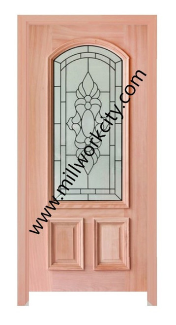 Prestige Entries - 2/3 Lite Arch Top Rail with Decorative Glass 1 Lite 2 Panel Single Square<br>Decorative Insulated Glass<br>1 3/4" x 3'0" W x 6'8" H<br>Mahogany<br>Ready to Assemble with 6 9/16" Jamb Kit