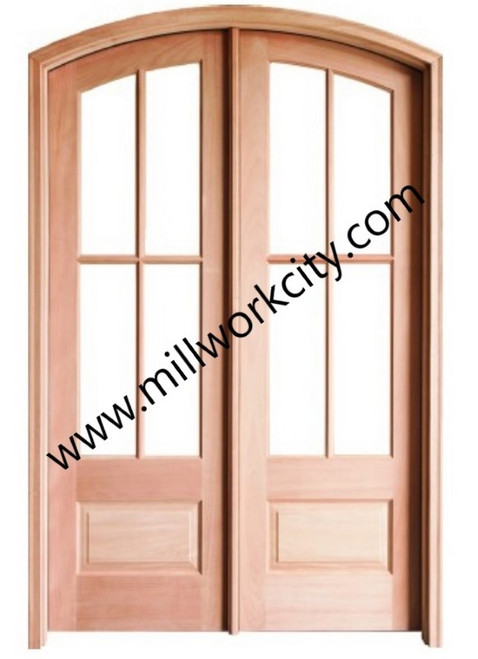 Prestige Entries - 4 Lite 1 Panel Double Arch Pair<br>Beveled or Flemish Insulated Glass<br>1 3/4" x 5'0" W x 8'0" H<br>Mahogany<br>Ready to Assemble with 6 9/16" Jamb Kit