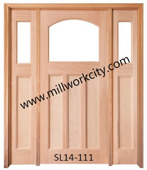 Prestige Entries - Craftsman Top Rail Arch 1 Lite 3 Panel Double Sidelite Unit<br>Beveled or Flemish Insulated Glass<br>1 3/4" x 5'4" W x 6'8" H<br>Single/Double Sidelites Mahogany<br>Ready to Assemble with 4 9/16" Jamb Kit