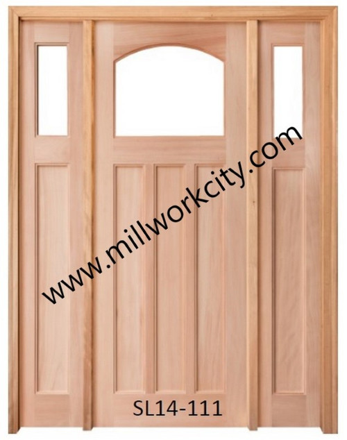 Prestige Entries - Craftsman Top Rail Arch 1 Lite 3 Panel Double Sidelite Unit<br>Beveled or Flemish Insulated Glass<br>1 3/4" x 5'4" W x 8'0" H<br>Single/Double Sidelites Mahogany<br>Ready to Assemble with 4 9/16" Jamb Kit