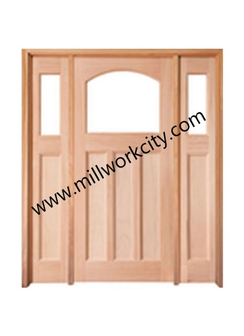 Prestige Entries - Top Rail Arch 3 Flat Panel Decorative Glass with Sidelites<br>Clear Flat Insulated Glass with Sidelites<br>1 3/4" x 5'4" W x 8'0" H Single/Double Sidelites Mahogany<br>Ready to Assemble with 6 9/16" Jamb Kit