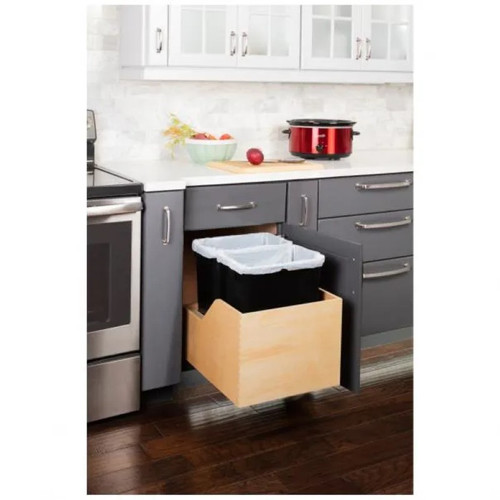 Hardware Resources - Double 35 Quart Wood Bottom-Mount Soft-Close Trashcan Rollout for Hinged Doors, Includes Two Black Cans - CAN-WBMD3518B