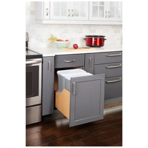 Hardware Resources - Double 35 Quart Wood Bottom-Mount Soft-close Trashcan Pullout for Door Mounting, Includes Two Grey Cans - CDM-WBMD3518G
