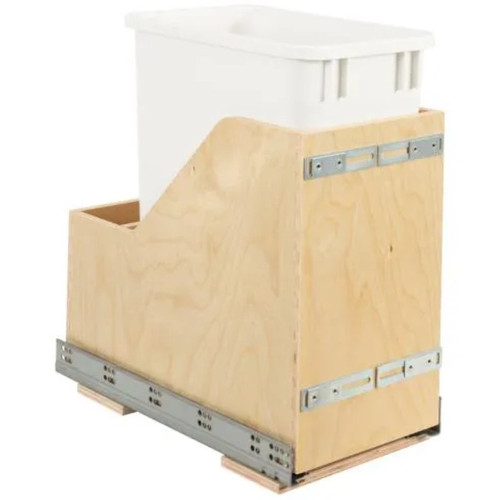 Hardware Resources - Single 35 Quart Wood Bottom-Mount Soft-close Vanity Trashcan Rollout for Door Mounting, Includes One Grey Can - CDM-WBMS35VWH