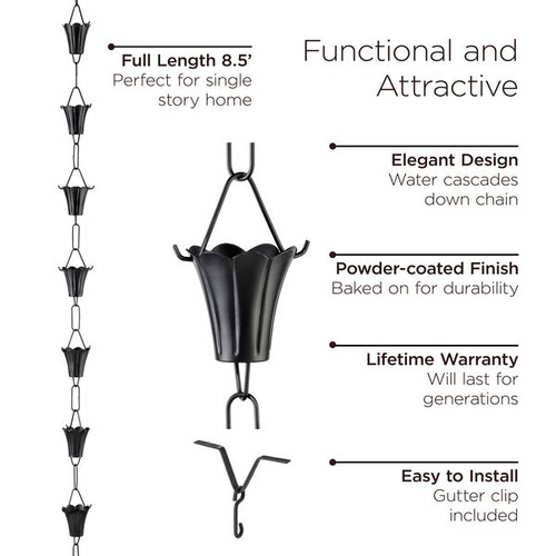 Good Directions - Modern Farmhouse Fluted Flower Black Aluminum 8.5 ft. Rain Chain with Gutter Installation Clip - 477K-8