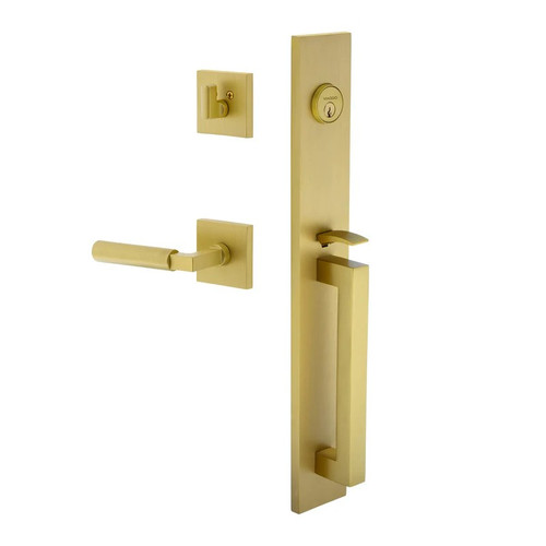 Viaggio Quadrato One-Piece Handleset with D Grip and Quadrato Rosette with Contempo Smooth Lever in Satin Brass - 603578-QA1DGRQADCON-STH-SB