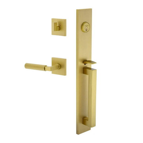 Viaggio Quadrato One-Piece Handleset with D Grip and Quadrato Rosette with Contempo Fluted Lever in Satin Brass - 603596-QA1DGRQADCON-FLT-SB