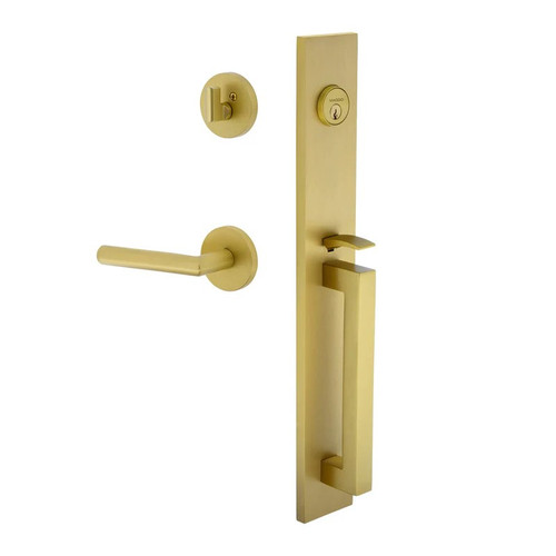 Viaggio Quadrato One-Piece Handleset with D Grip and Circolo Rosette with Moderno Lever in Satin Brass - 603702-QA1DGRCLOMOD-SB