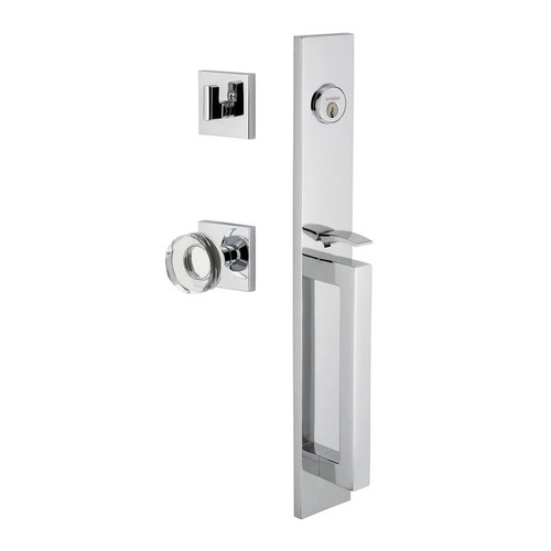 Viaggio Quadrato One-Piece Handleset with D Grip and Quadrato Rosette with Circolo Crystal Knob in Bright Chrome - 603718-QA1DGRQADCLC-BC