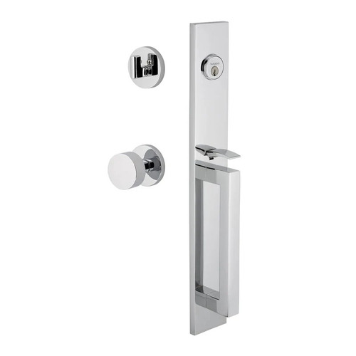 Viaggio Quadrato One-Piece Handleset with D Grip and Circolo Rosette with Circolo Knob in Bright Chrome - 603800-QA1DGRCLOCLO-BC