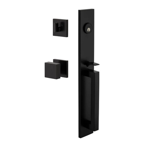 Viaggio Quadrato One-Piece Handleset with D Grip and Quadrato Rosette with Quadrato Knob in Satin Black - 603876-QA1DGRQADQAD-BK