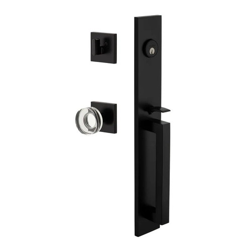 Viaggio Quadrato One-Piece Handleset with D Grip and Quadrato Rosette with Circolo Crystal Knob in Satin Black - 603886-QA1DGRQADCLC-BK