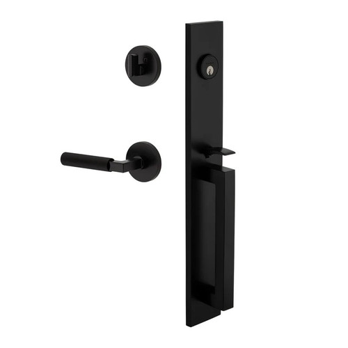 Viaggio Quadrato One-Piece Handleset with D Grip and Circolo Rosette with Contempo Fluted Lever in Satin Black - 604014-QA1DGRCLOCON-FLT-BK