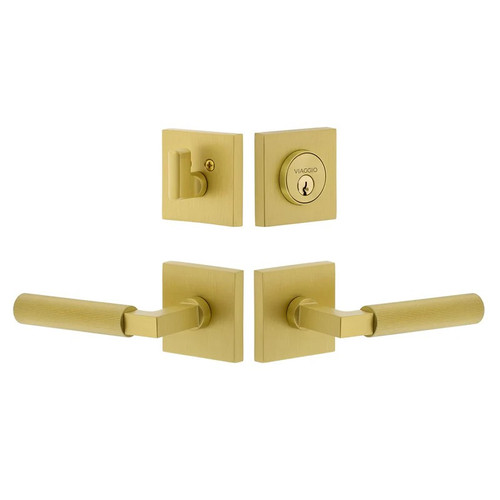 Viaggio Quadrato Rosette with Contempo Fluted Lever and matching Deadbolt in Satin Brass - 630610-QADCON-FLT-SB
