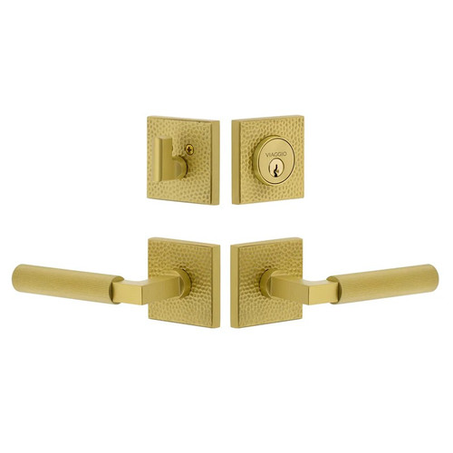 Viaggio Quadrato Hammered Rosette with Contempo Fluted Lever and matching Deadbolt in Satin Brass - 630930-QADMHMCON-FLT-SB