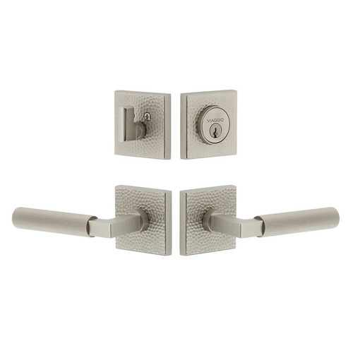 Viaggio Quadrato Hammered Rosette with Contempo Fluted Lever and matching Deadbolt in Satin Nickel - 630971-QADMHMCON-FLT-SN