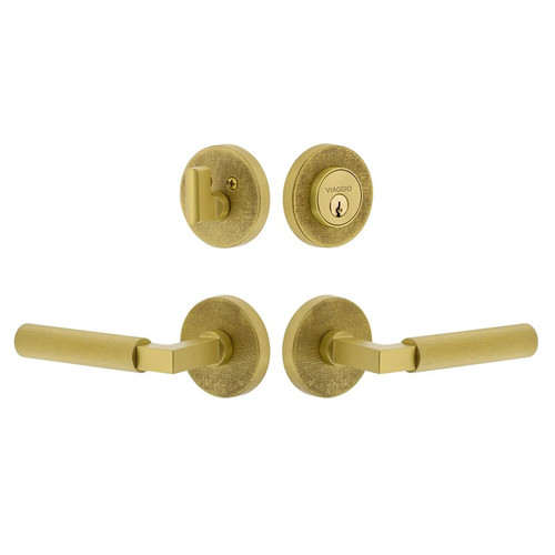 Viaggio Circolo Linen Rosette with Contempo Fluted Lever and matching Deadbolt in Satin Brass - 631118-CLOMLNCON-FLT-SB