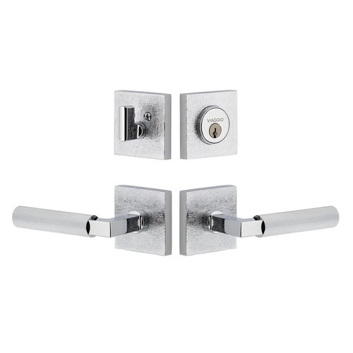 Viaggio Quadrato Linen Rosette with Contempo Fluted Lever and matching Deadbolt in Bright Chrome - 631136-QADMLNCON-FLT-BC