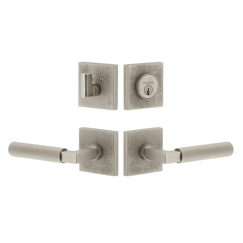 Viaggio Quadrato Linen Rosette with Contempo Fluted Lever and matching Deadbolt in Satin Nickel - 631159-QADMLNCON-FLT-SN