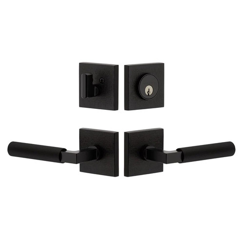 Viaggio Quadrato Linen Rosette with Contempo Fluted Lever and matching Deadbolt in Satin Black - 631197-QADMLNCON-FLT-BK