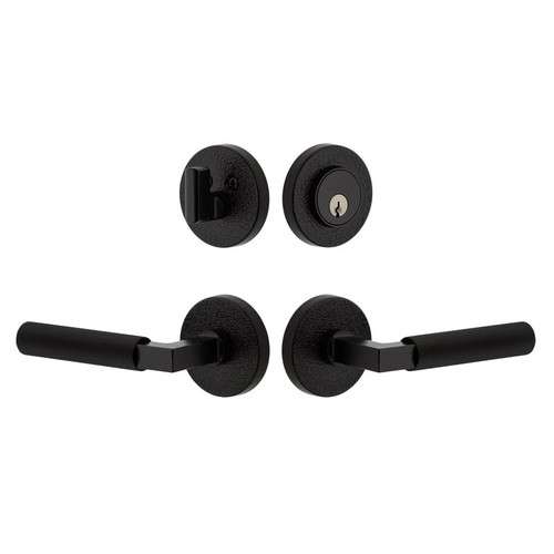 Viaggio Circolo Leather Rosette with Contempo Fluted Lever and matching Deadbolt in Satin Black - 631257-CLOMLTCON-FLT-BK