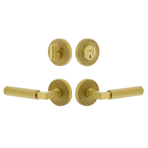 Viaggio Circolo Leather Rosette with Contempo Fluted Lever and matching Deadbolt in Satin Brass - 631278-CLOMLTCON-FLT-SB